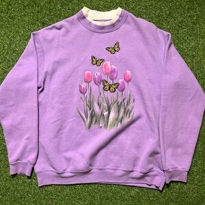 American Vintage Purple Sweater with Tulip and Butterfly Design